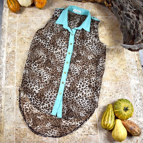 Glam Dollz turquoise and leopard sheer button up - Picture 1 of 4